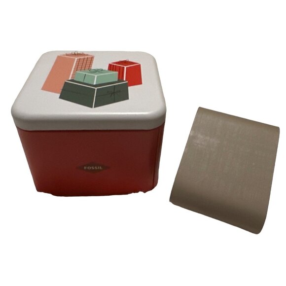 2017 Christmas Holiday Fossil Watch Holder ONLY Metal Tin Box Cases 2.75" Tall - Picture 1 of 16